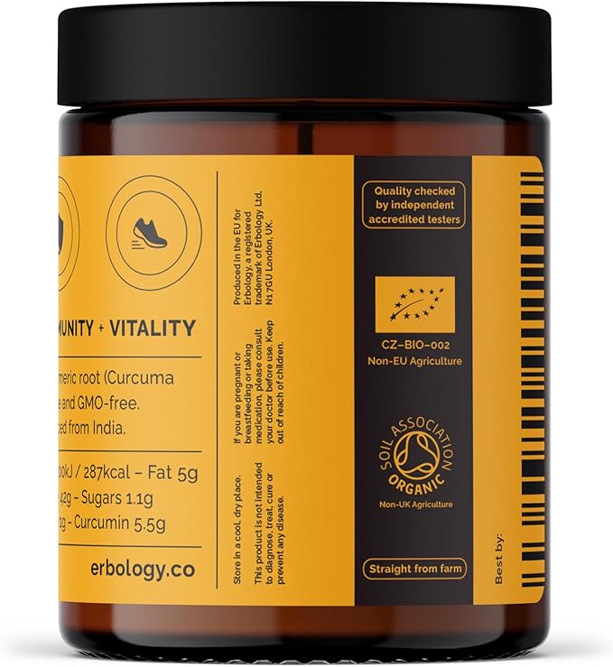 Erbology Organic Turmeric Powder 3.2 oz - 90 Servings - 5.5% Curcumin - No Additives or Preservatives - Sustainably Sourced Straight from Farm in India - Vegan - GMO-Free