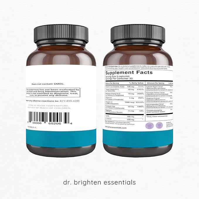 Dr. Brighten Adrenal Calm — Ashwagandha B Vitamins Lemon Balm and Amino Acids for Stress Relief Better Sleep and Balanced Cortisol Non-GMO — 90 Capsules