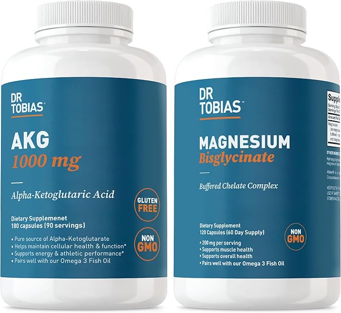 Dr. Tobias AKG Supplement &amp Magnesium Bisglycinate - Support Energy Levels Muscle Nerve &amp Bone Health with High-Absorption Magnesium and Bioavailable AKG Vegan Non-GMO