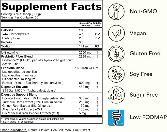 TumLove IBS Relief &amp Digestive Support Powder – Low FODMAP Certified Probiotics Prebiotics Digestive Enzymes L-Glutamine &amp 5 Soothing Herbs – Vegan Gluten-Free (30 Servings)