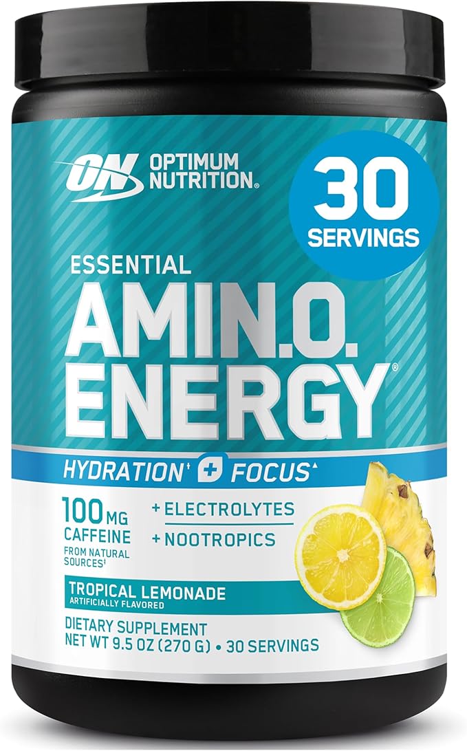 Optimum Nutrition Amino Energy Powder Plus Focus with BCAA Electrolytes and Caffeine Tropical Lemonade 30 Servings (Packaging May Vary)