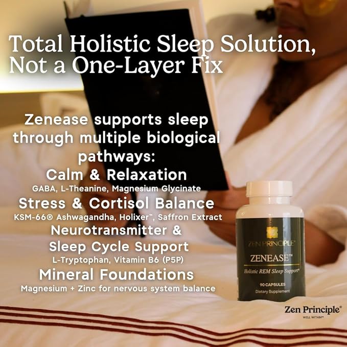 Zen Principle Zenease Sleep Support with Magnesium Glycinate Ashwagandha KSM-66® Saffron L-Theanine &amp GABA – No Melatonin Natural Stress Relief &amp Sleep Aid. 180 Capsules