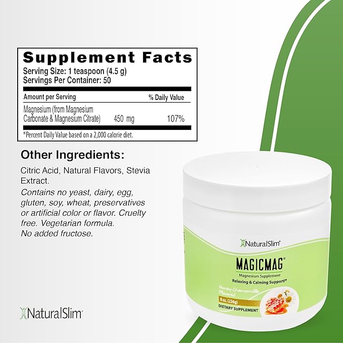 NaturalSlim Magicmag Pure Magnesium Citrate Powder Stress Constipation Muscle Heart Health and Sleep Support | Honey Chamomile Flavored Magnesium Supplement - 8oz Drink Mix (3 Pack)
