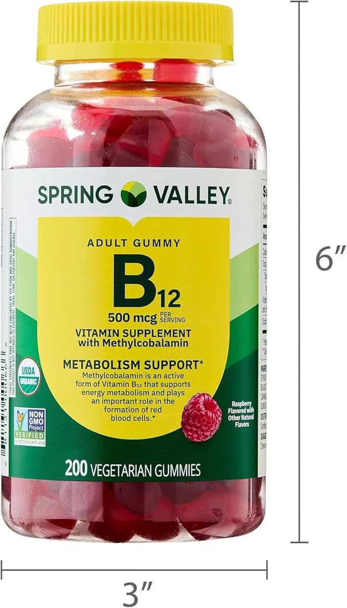 Spring Valley Vitamin B12 500mcg (as Methylcobalamin) - Raspberry Flavor - 100 Vegetarian Gummies - Energy &amp Metabolism Support with SUREFECT Organizer.
