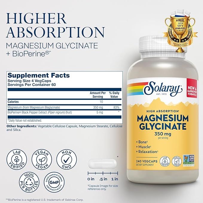 Solaray Magnesium Glycinate New &amp Improved Fully Chelated Bisglycinate with BioPerine High Absorption Formula Stress Bones Muscle &amp Relaxation Support 60 Day Guarantee 60 Servings 240
