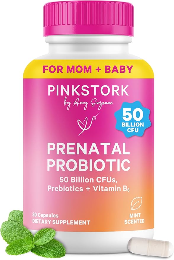 Pink Stork Prenatal Probiotic for Women | 50 Billion CFU | Vitamin B6 Prebiotics | Pregnancy Probiotics for Morning Sickness | Digestive Immune &amp Gut Health | Vegan Gluten-Free | 30 Capsules
