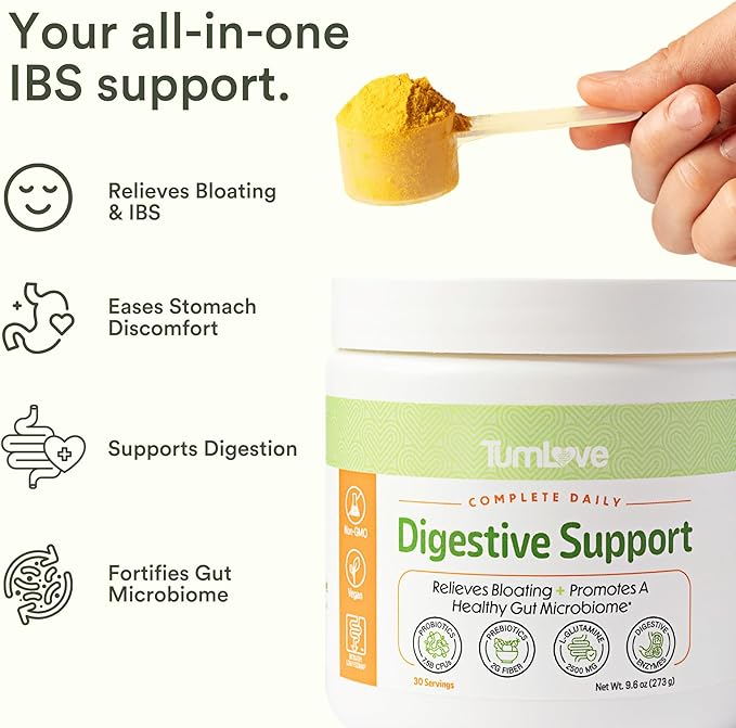 TumLove IBS Relief &amp Digestive Support Powder – Low FODMAP Certified Probiotics Prebiotics Digestive Enzymes L-Glutamine &amp 5 Soothing Herbs – Vegan Gluten-Free (30 Servings)