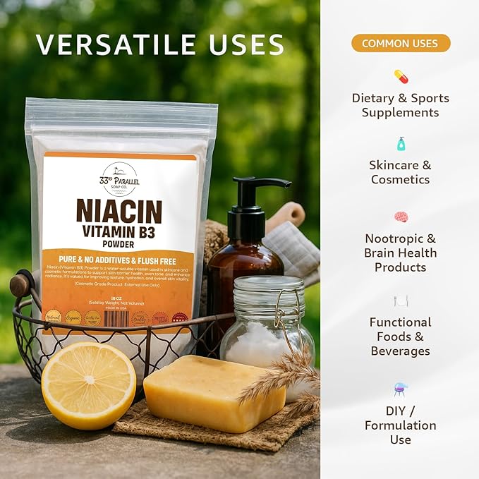 Niacin Vitamin B3 Powder (1 Lbs / 16oz) | Supports Energy Healthy Skin &amp Circulation | Natural Nutrient for Supplements Skincare Serums &amp Wellness Formulations | 16 Ounces