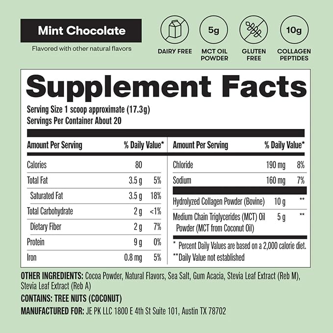 Perfect Keto Collagen Protein Powder with MCT Oil - Grassfed GF Multi Supplement Best for Ketogenic Diets Use as Keto Creamer in Coffee and Shakes for Women &amp Men (Mint Chocolate)