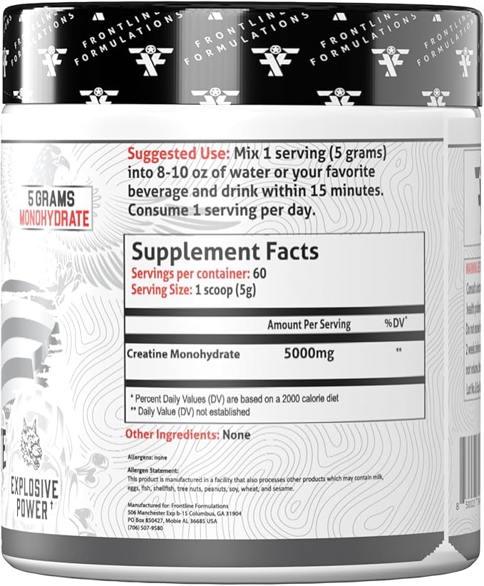 Creatine Monohydrate Promotes Lean Muscle Growth Unflavored Aids Muscle Recovery Post-Workout Supplement Veteren Owned and Operated (60 Servings Creatine Monohydrate)