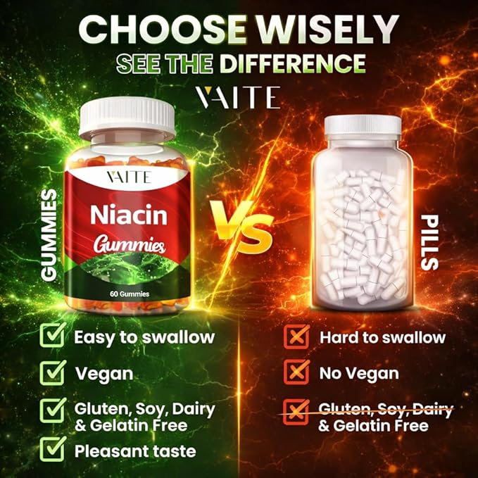 VAITE Niacin (Vitamin B3) 1000mg Supplement – Antioxidant &amp Energy Support Nicotinic Acid for Nutrient Conversion &amp Skin Hydration Sugar-Free 60 Vegan Gummies Non-GMO Daily Chewable
