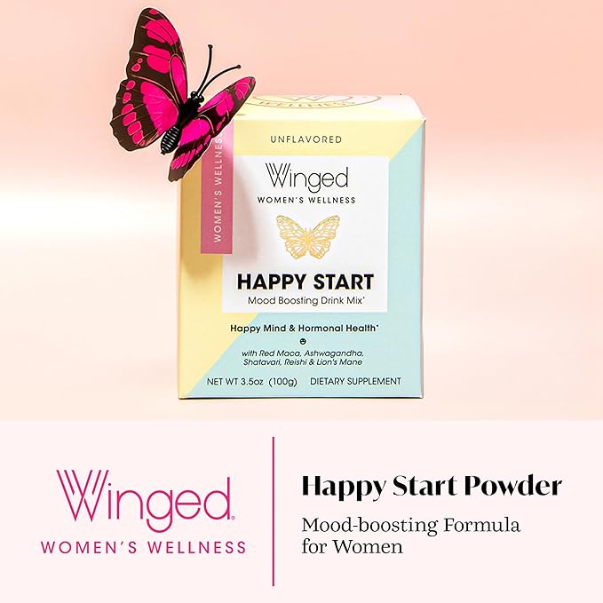 Winged Wellness Happy Start Mood Boosting Drink Mix Powder for Women - Happy Mind &amp Hormonal Health Mood Support Supplement with Red Maca Ashwagandha Mushrooms &amp Shatavari