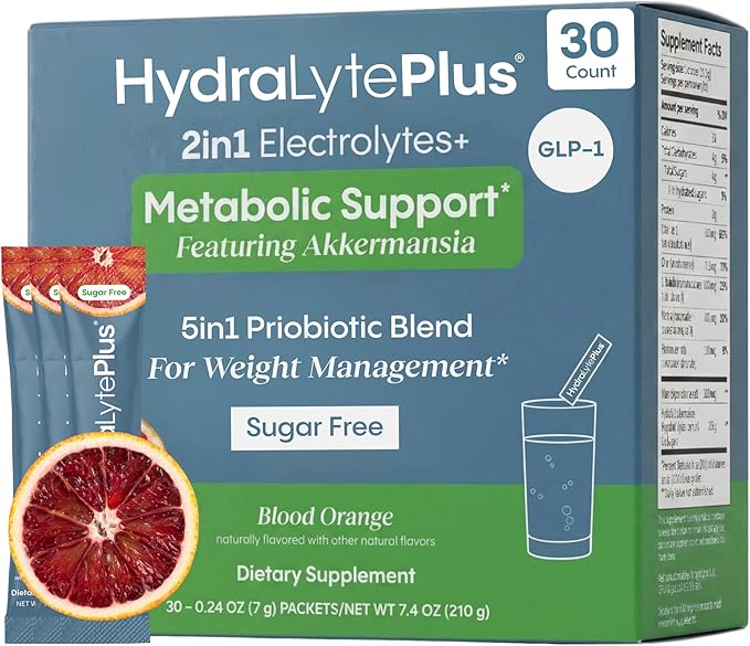 Hydralyte Plus Metabolic Support - GLP-1 Weight Loss Management and Gut Health - 5in1 Probiotic Blend - Akkermansia Muciniphila + Prebiotic Fiber + Electrolytes - Sugar Free (30 Packets)