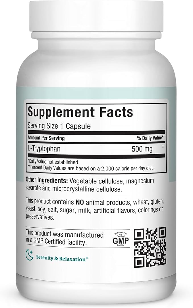 Maxi Health L-Tryptophan 500mg - Mood &amp Sleep Formula - 90 Capsules - Kosher
