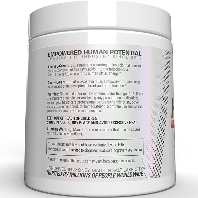 EHP Labs Acetyl L Carnitine Powder - Supports Natural Energy Production Assists in Healthy Brain Function Supports Heart Health Vegan Gluten Free Non GMO - 100 Servings