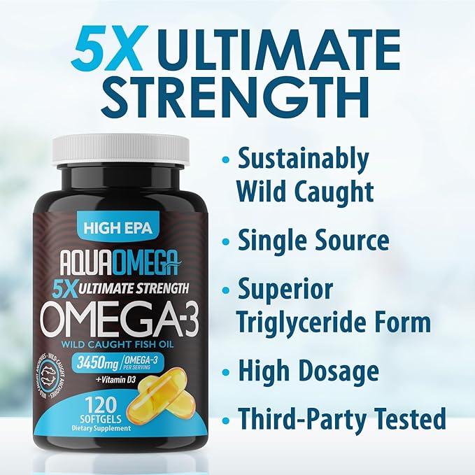5X Ultimate Strength Omega 3 Fish Oil Supplements with High EPA and DHA Omega 3 Fatty Acids Fish Oil Supplement with Vitamin D and No Fishy Aftertaste 120 Softgels
