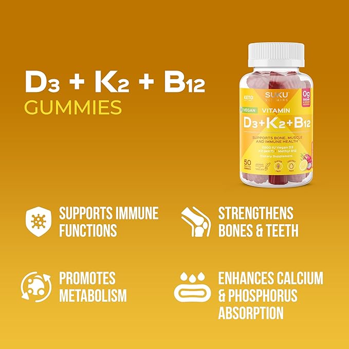 SUKU Vitamins Vegan D3 + K2 + B12 Sugar-Free &amp Sugar-Alcohol-Free Keto 2000IU Vitamin D Gummy Supplement for Healthy Bones Immune Function Healthy Metabolism Lemon Dragon Fruit Flavor (50 Gummi