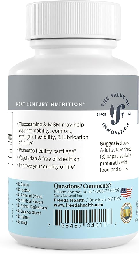 FREEDA Glucosamine MSM – Vegan Joint Flexibility &amp Mobility Supplement – Vegetarian Glucosamine Without Shellfish – Supports Joint Function – Third-Party Tested – (100 Capsules)