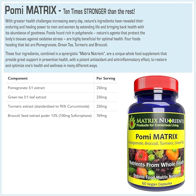 POMI Matrix - 10 Times Stronger Than the Competition! - Lower PSA Levels for Healthy Prostate - 100% Organic - Ingredients: Pomegranate Green Tea Turmeric Broccoli - Vegan Capsules (60ct)