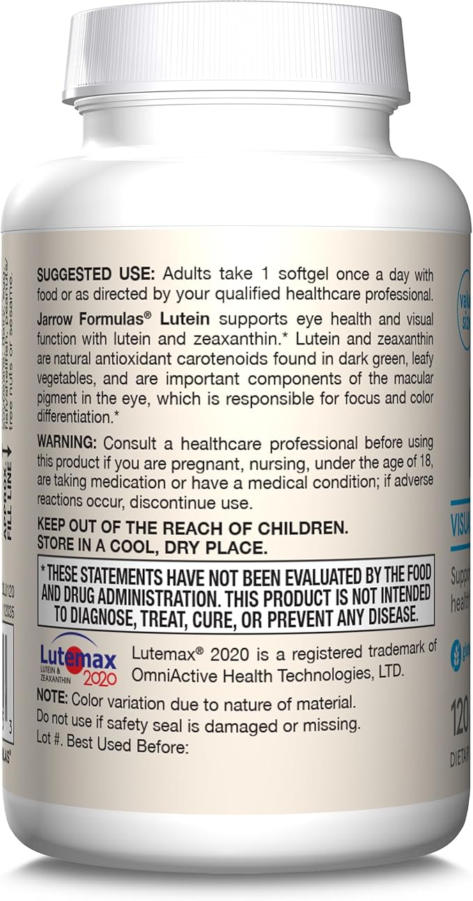 Jarrow Formulas Lutein 20 mg - 120 Softgels - Clinically Documented Eye Health &amp Support - With Zeaxanthin - 120 Servings