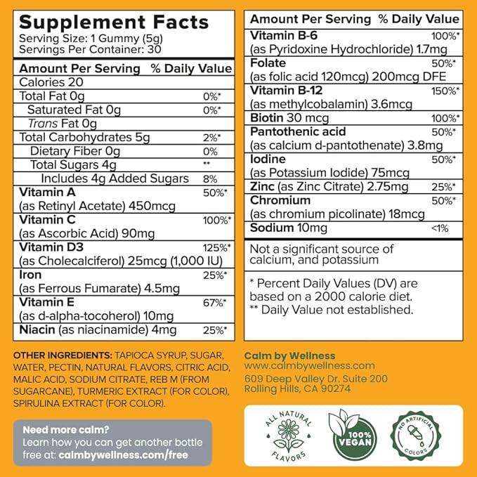 Calm by Wellness Multivitamin Gummies - All Natural Vegan Adult Multivitamin Gummy - Packed with Antioxidant Vitamins C &amp E B12 B6 Folic Acid Pantothenic Acid - Essential for Overall Health