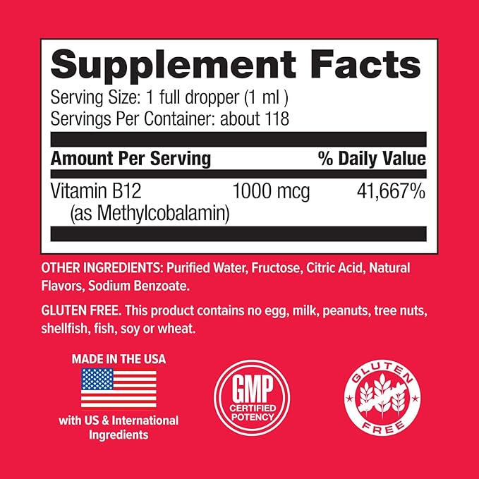 Hi-Health Liquid Vitamin B12 Drops Methylcobalamin Biologically Active Form Natural Raspberry Flavor 4 fl oz
