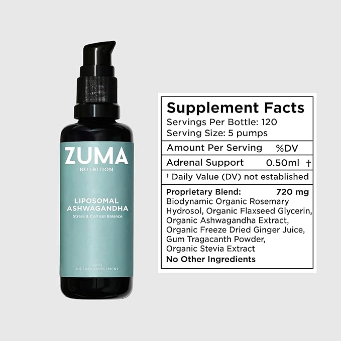 Zuma Nutrition Liposomal Ashwagandha Root Tonic Vegan Natural Supplement for Men and Women Herbal Health Liquid Formula for Longevity Support and Daily Wellness 60 ML Bottle