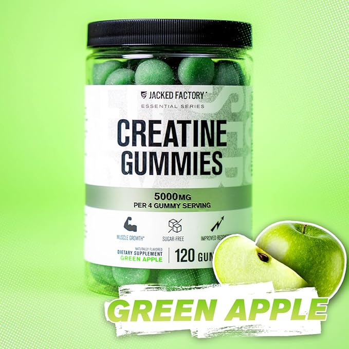 Jacked Factory Sugar Free Creatine Gummies - 5g Daily Dose (1.25g per Gummy) - Creatine Gummy Sugar Free for Men and Women Vegan-Friendly Third-Party Tested - 120 Gummies Green Apple