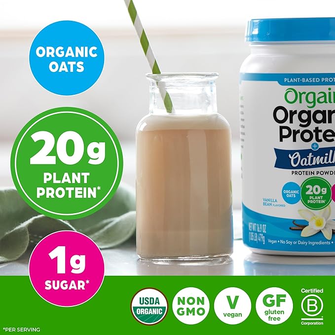 Orgain Organic Vegan Protein Powder + Oat Milk Vanilla Bean - 20g Plant Based Protein Gluten Free No Dairy Soy or Lactose Ingredients Low Sugar Non-GMO Kosher For Shakes &amp Smoothies - 1.05