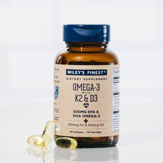 Wiley's Finest Wild Alaskan Fish Oil Vitamin K2 &amp D3 Softgels - 500mg of EPA and DHA Omega-3s for Bone and Heart Health Support - 60 Softgels (60 Servings)