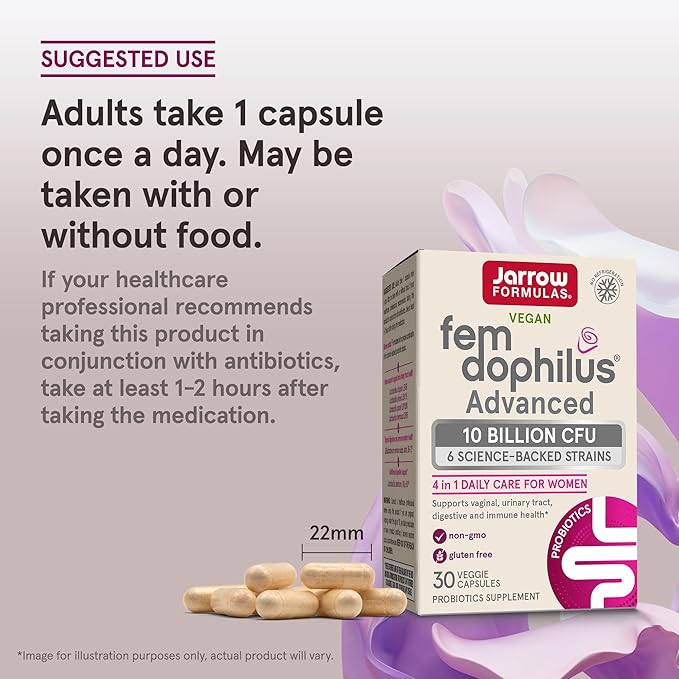 Jarrow Formulas Fem-Dophilus Advanced Probiotics 10 Billion CFU with 6 Science-Backed Strains for Vaginal Urinary Tract Digestive and Immune Support 30 Veggie Capsules Shelf-Stable Pack of 12