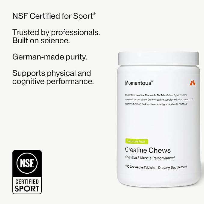 Momentous Creatine Chews - Creatine Monohydrate - Supports Strength Lean Muscle &amp Recovery for Men &amp Women - NSF Certified for Sport - 150 Chewable Tablets - Lemon Lime