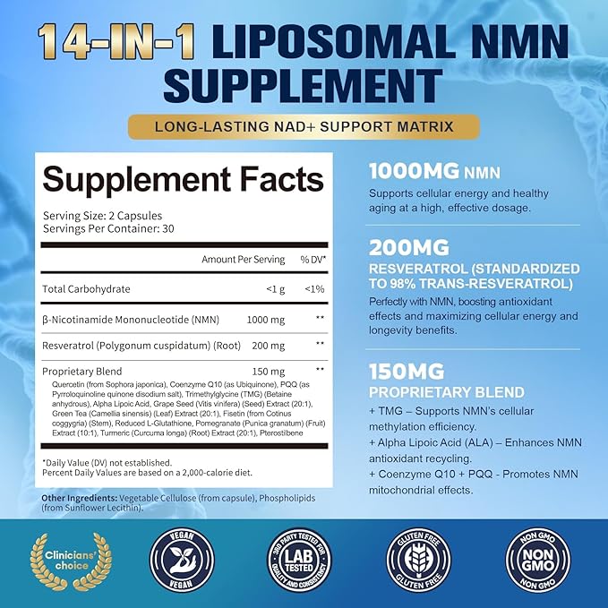 Totaria Liposomal NMN Supplement 1000mg 14-in-1 NMN Resveratrol Complex with CoQ10 TMG Quercetin ALA PQQ Support NAD Levels Cellular Energy &amp Healthy Aging 60 Capsules cGMP Filler Free