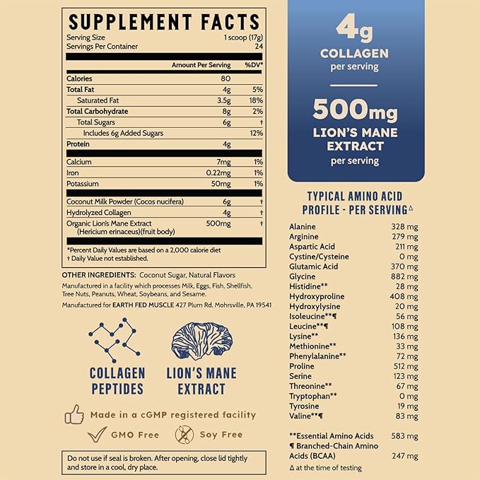 Earth Fed Muscle Morning Charge Protein Coffee Creamer with Collagen &amp Lion’s Mane – Organic Coffee Creamer with Adaptogenic Mushrooms – Dairy-Free Soy-Free Gluten-Free – 24 Serving