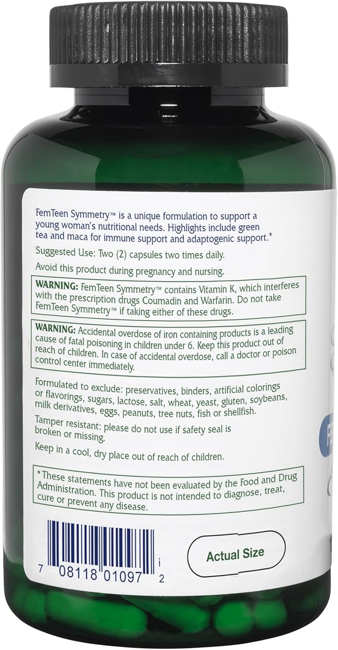 Vitanica FemTeen Symmetry Vitamins for Teens Daily Multivitamin Vegan 120 Capsules
