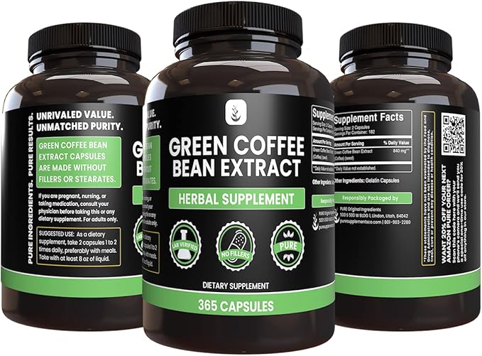 PURE ORIGINAL INGREDIENTS Green Coffee Bean Extract (365 Capsules) No Magnesium Or Rice Fillers Always Pure Lab Verified