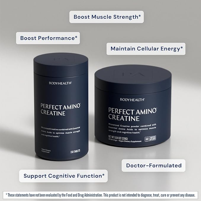 BodyHealth Creatine Monohydrate Powder – Vegan Pre Workout Supplement with PerfectAmino BCAAs &amp EAAs – Keto-Friendly Muscle Recovery &amp Energy Support – 5g Creatine per Serving.