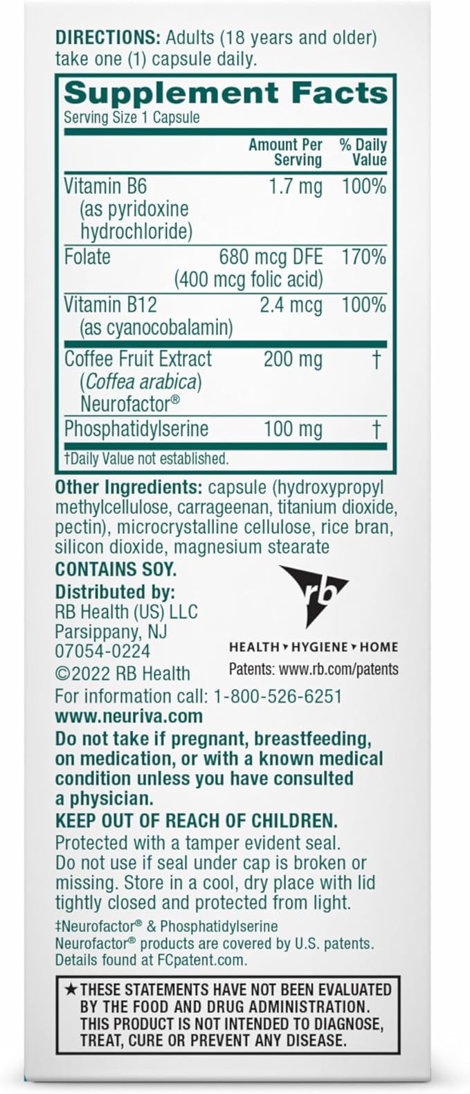 NEURIVA Plus Brain Supplement for Memory and Focus Clinically Tested Nootropics for Concentration for Mental Clarity Cognitive Enhancement Vitamins B6 B12 Phosphatidylserine 30 Capsules