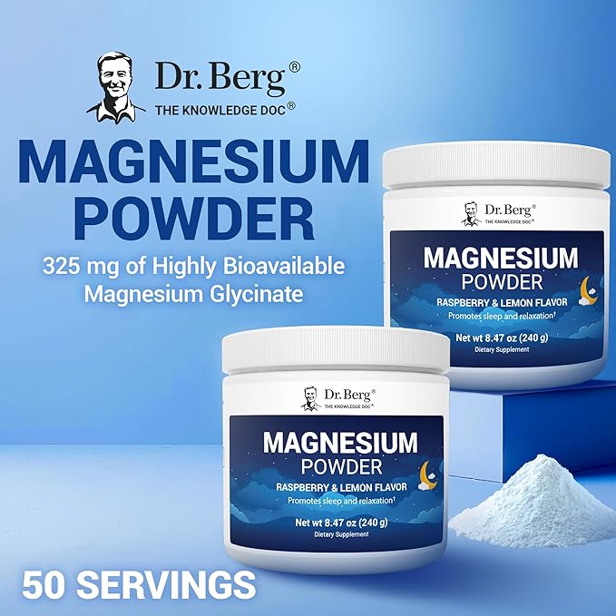 Dr. Berg Magnesium Glycinate Powder for Sleep Relaxation &amp Stress Relief - Now Includes Vitamin D3 &amp Zinc - Delicious Raspberry &amp Lemon Flavor (50 Servings) Magnesium Powder - Magnesium