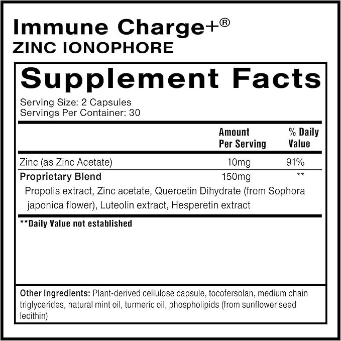Quicksilver Scientific Immune Charge+ Zinc Ionophore - Zinc Supplement Complexed with Quercetin Luteolin Hesperetin Immune + GI Support (60 Capsules)