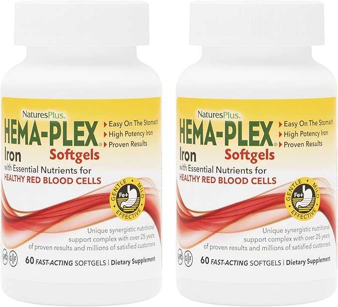 NaturesPlus Hema-Plex Iron - 60 Fast-Acting Softgels - 2 Pack - 85 mg Iron + Vitamin C &amp Bioflavonoids for Healthy Red Blood Cells - Vegan Gluten Free - 40 Total Servings