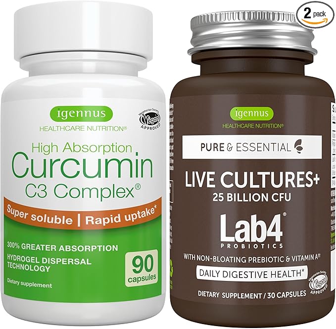 Live Cultures+ Lab4 Probiotics + High Absorption Curcumin C3 Complex Vegan Bundle 25 Billion CFU Probiotic Non-Bloating Prebiotic + 300% Greater Absorption Curcuminoids with Rapid Uptake By Igennus