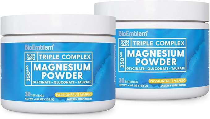 BioEmblem Triple Complex Magnesium Powder Drink - 350mg High Absorption Magnesium Glycinate Gluconate Taurate &amp GABA for Rest Sleep &amp Brain Health - Passionfruit Mango Flavor - Vegan(60 Se