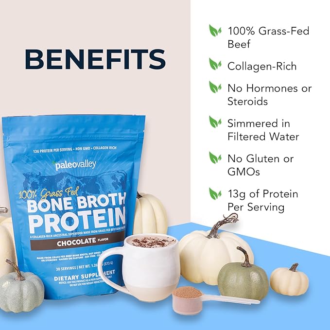 Paleovalley 100% Grass Fed Beef Bone Broth Protein Powder - Rich in Collagen Peptides for Hair Skin Gut Health Bone and Joint Support - 13g Protein Per Serving - No Gluten or GMOs - Chocolate