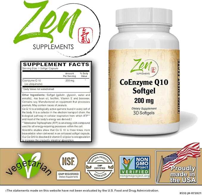 Zen Supplements CoEnzyme Q10 200mg - Coq 10 in Vitamin E Oil - Antioxidant Support Heart Health Energy Healthy Cholesterol - Non-GMO &amp Gluten Free 30-Softgel