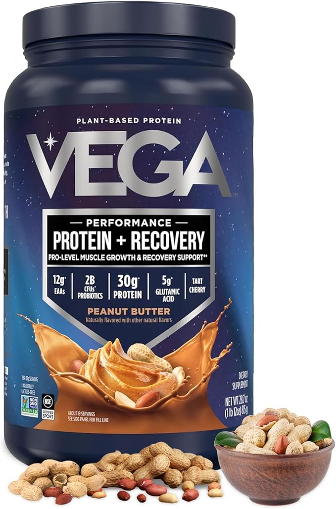 Vega Sport Vegan Protein Powder + Recovery - 30g Plant Based Protein per Serving Peanut Butter 19 Servings 5g BCAAs Probiotics NSF Certified for Shakes &amp Smoothies 1.8lbs (Packaging May Var
