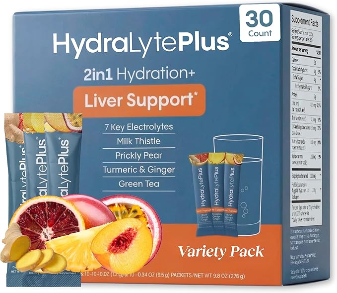 Hydralyte Liver Support + Electrolyte Mix with Milk Thistle Turmeric Ginger Prickly Pear Green Tea Extract Formulated for Rapid Rehydration (Variety Flavor 30 Packets)