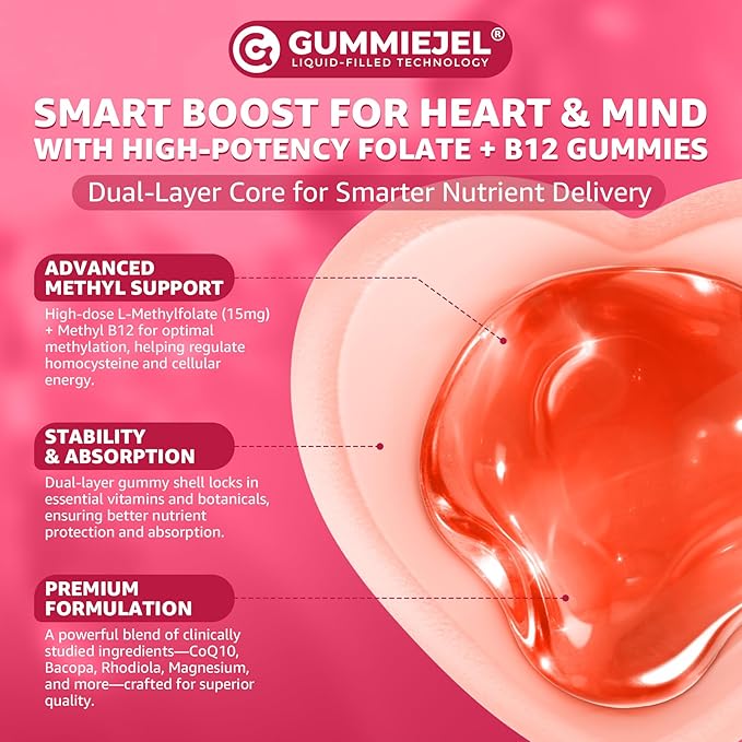 L-Methylfolate 15mg &amp 2000 mcg Methyl B12 Gummies Extra Strength Methylation Support for Women and Men Active 5-MTHF with CoQ10 Magnesium TMG L-Theanine B1 B2 B6 B9 for Cognitive Energy60