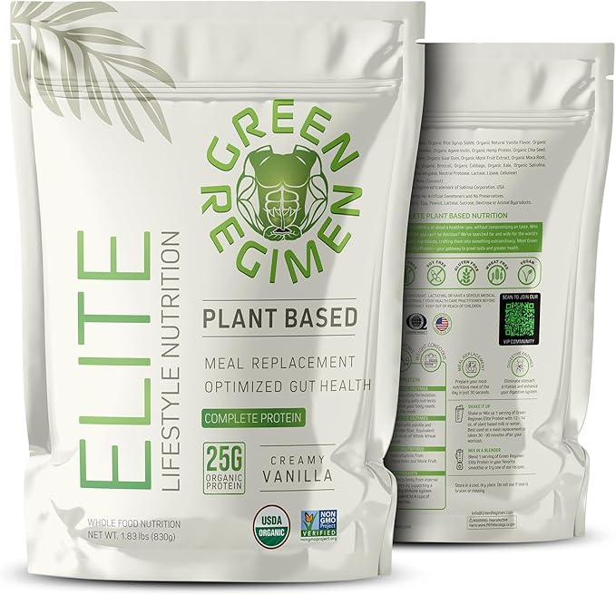Green Regimen Elite Plant-Based Protein Powder - 25g Complete Hemp &amp Pea Protein Meal Replacement High-Protein Vegan Shake NonGMO Gluten-Free Dairy-Free Low Carb - (Vanilla - 1 Month Supply)