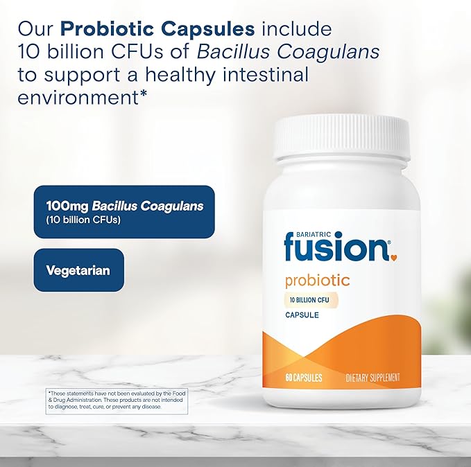 Bariatric Fusion Probiotic Capsule | Easy to Swallow Bariatric Vitamin | 10 Billion CFU | Bacillus Coagulans | Support Digestive &amp Immune Health | 60 Count